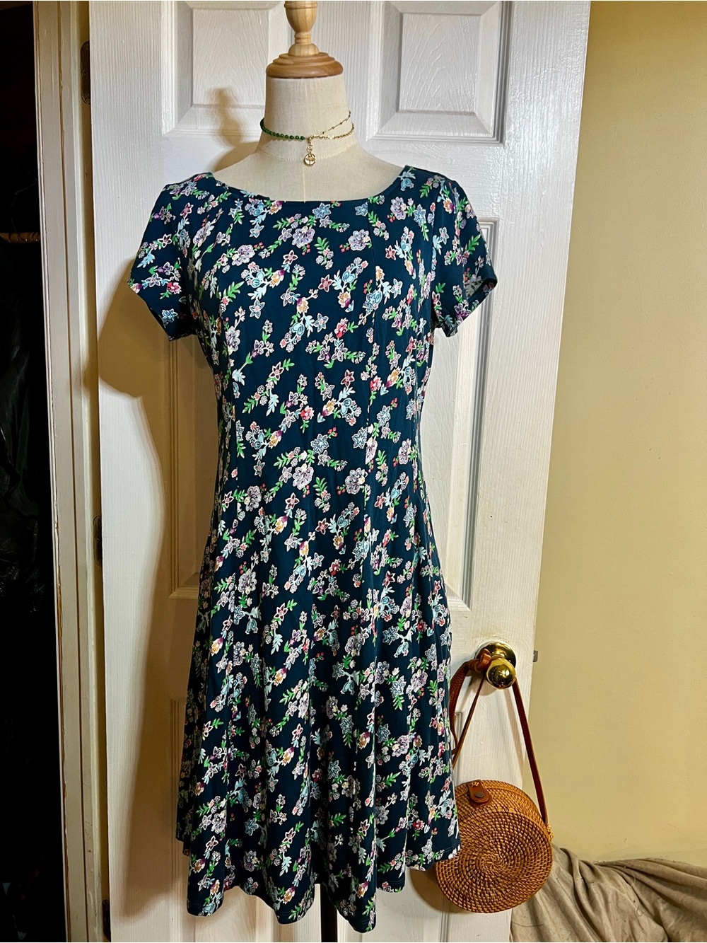 Ella Simone Wms Blue Floral Cotton S/S Pleated Skater Cottagecore Mini Dress S